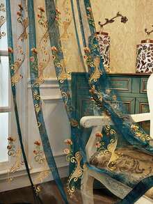 Single Panel, Lake Blue Premium Embroidered Sheer Curtain, European Luxury Personalized Old Money Floral Pattern Embroidered Window Curtain, Suitable For Living Room, Bedroom Windows And Door Decoration, Curtain Rod Not Included - Blue - View 6