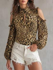 Women's Fall Gold Brown Leopard Mock Neck Cold-Shoulder Long-Sleeve Top, Cutout Ruffle Shoulder Loose Blouse, Wild Occasion Wear For Daily Date Party - Brown - View 6