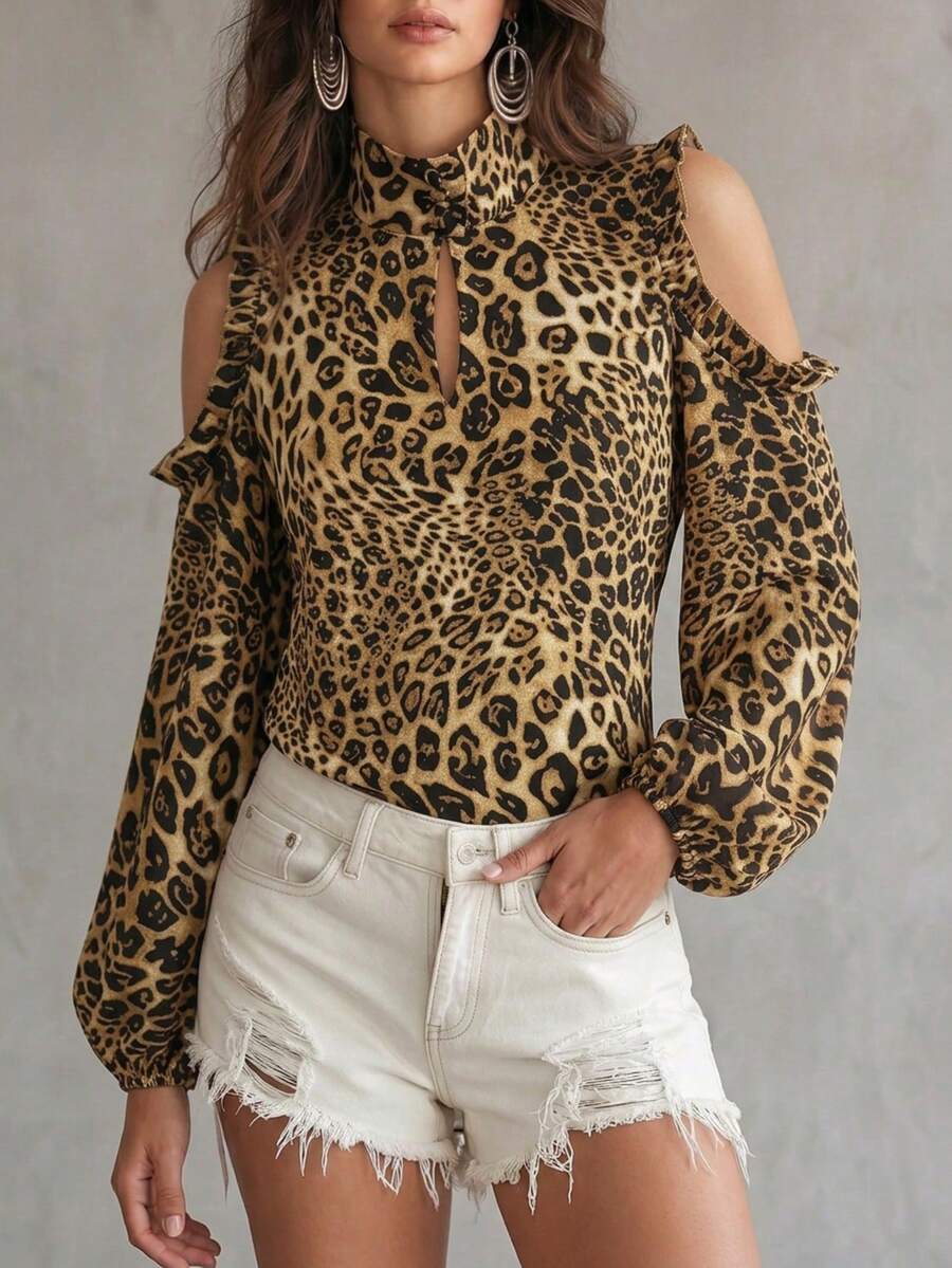 Women's Fall Gold Brown Leopard Mock Neck Cold-Shoulder Long-Sleeve Top, Cutout Ruffle Shoulder Loose Blouse, Wild Occasion Wear For Daily Date Party - Brown - View 1