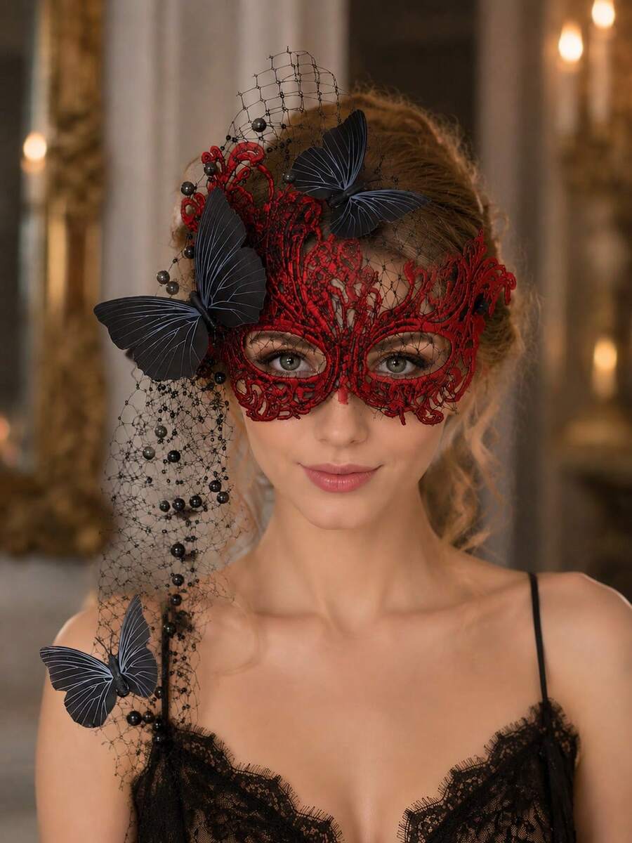 Gothic Butterfly Lace Masquerade Mask With Mesh Veil, Pearl Beads, Black & Red Eye Mask, Women's Halloween Party Cosplay Wedding Costume Accessory - Multicolor - View 1