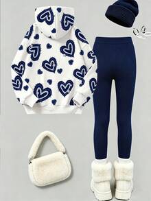 Tween Girls 2pcs Vintage Heart Print "Chill Chill" Pattern Hoodie And Leggings Set, Cute Summer Back To School Outfit, Y2K Campus Style - Multicolor - View 3