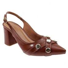 Scarpin Feminino Boton Salto Grosso Médio Confortável com Detalhes Dourados Ajuste de Fivelas - Caramelo - Visão 3
