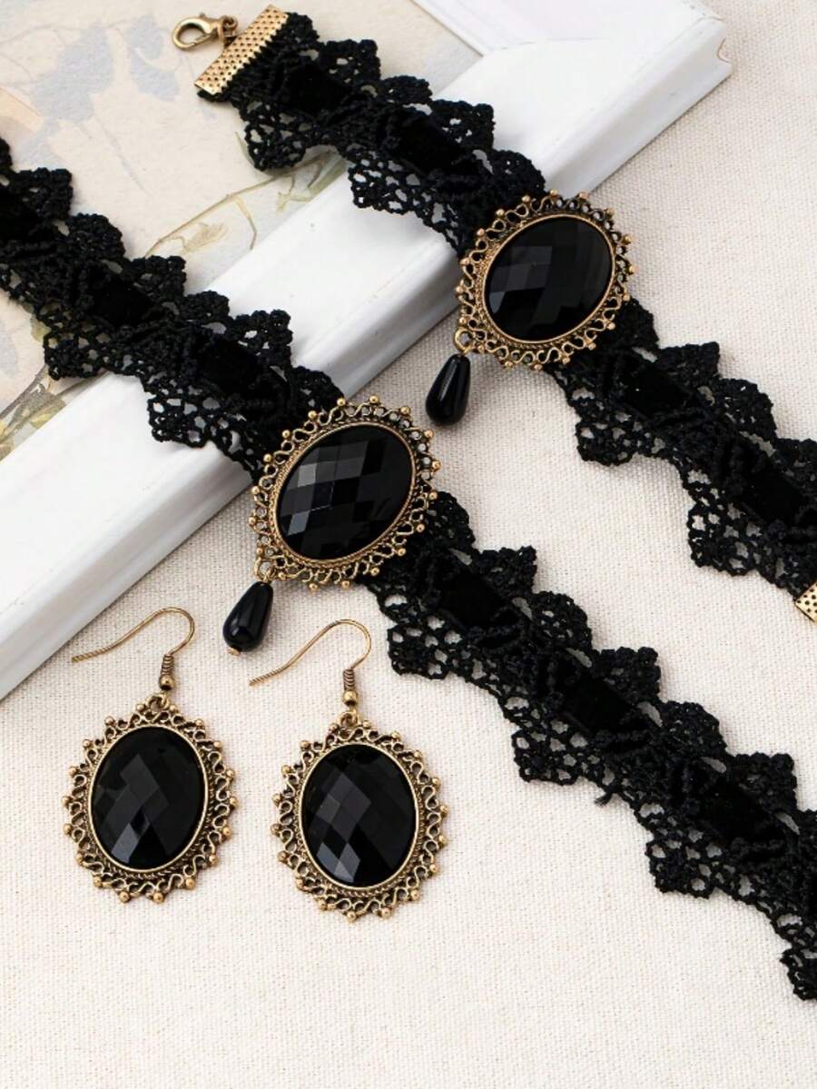 1PC Necklace + 2PCS Earrings + 1PC Bracelet Lace Gothic Style Fashion Niche Black Linear Floral Hollow Oval Design Jewelry Set - Black Line-art Floral Hollow Oval Set - View 1