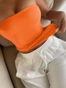GLAMSKIN Women's Sexy Strapless Top, Casual Double-Layer Slim Fit Basic Camisole For Summer And Autumn, Back To School Street Style Beach Vacation - Orange - View 5