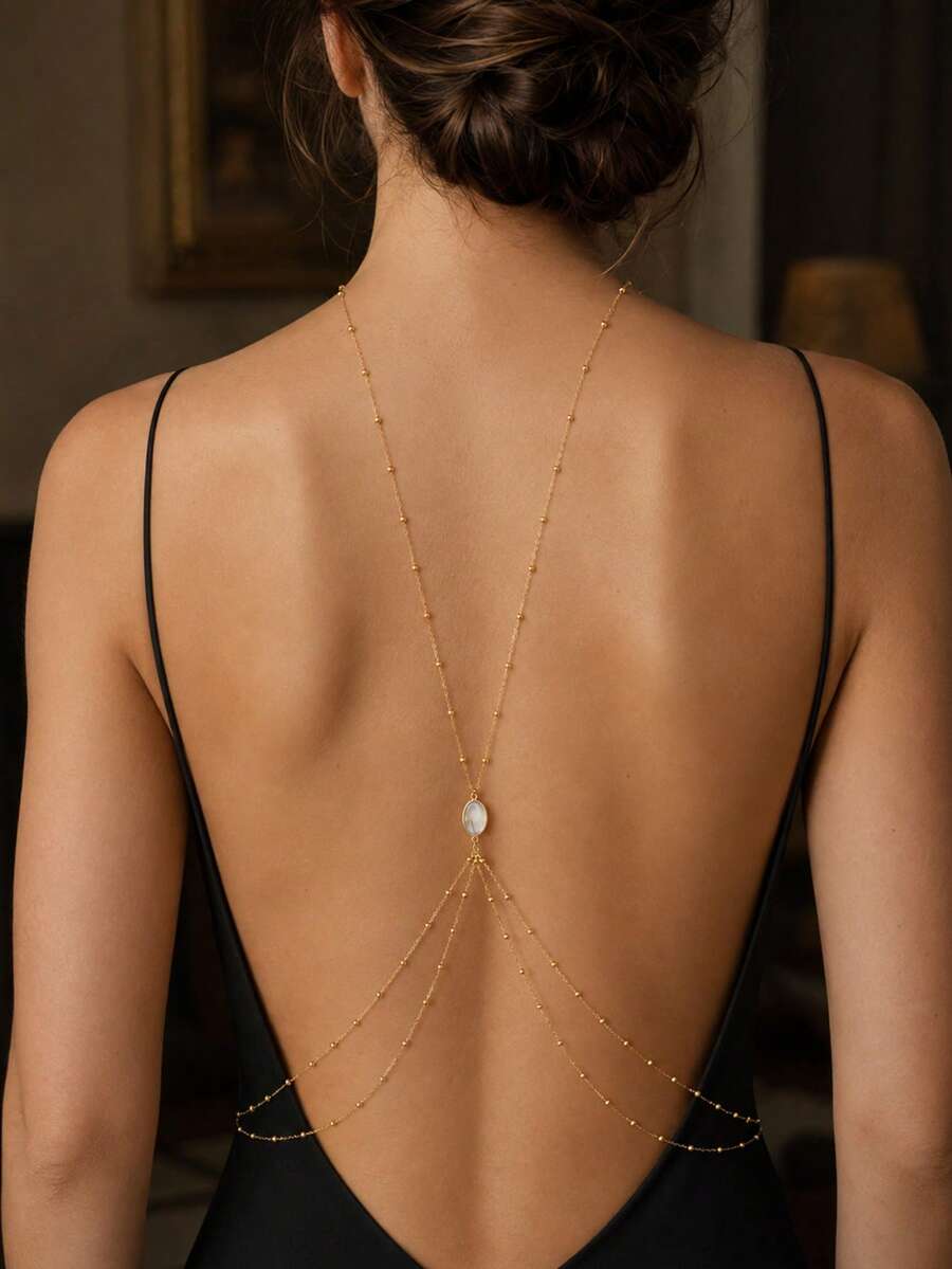 1pc New Beaded Back Chain Multi-Layer Tassel Body Chain Backless Decor - Gold - View 1