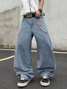 Hearty Haven 1pc American Street Style Embroidered Men's Wide Leg Jeans With Large Pockets, Comfortable Loose Fit, Draped Wash, All Season Long Pants - No Belt And Accessories - Blue - View 6