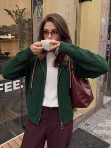 Women's Contrast Color Hooded Zip-Up Knit Cardigan, Autumn/Winter New Style, Dark Green Argyle Jacquard Fabric With Brown Hood Trim And Drawstring, Round Ring Zipper + Dual Side Patch Pockets, Ribbed Hem, Loose Casual Fit For Daily Outings And Commuting - Dark Green - View 1