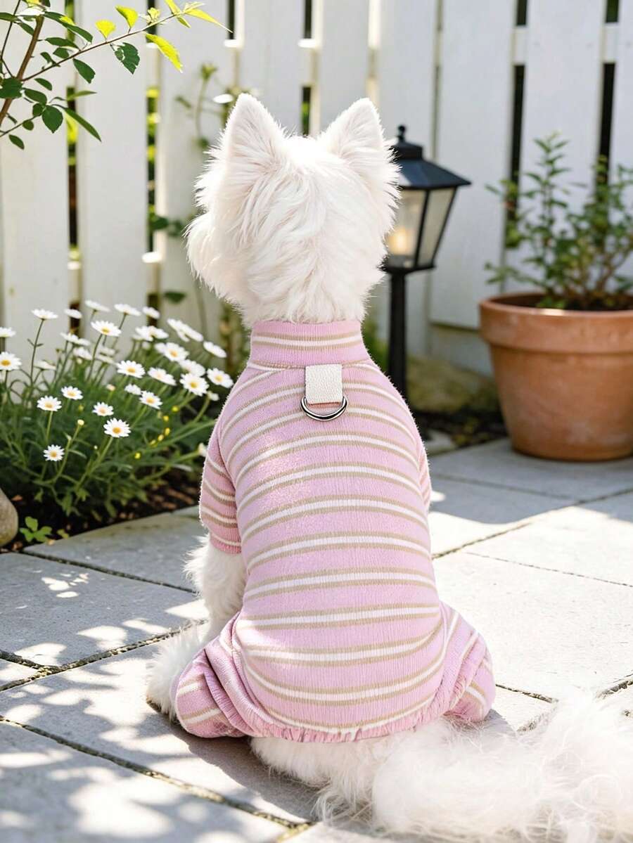 PETCIRCLE 1件寵物衣服 秋冬新款 小狗幼犬貓用 可愛寵物 親膚柔軟卡通圖案連身衣 居家穿著 - 粉色條紋 - 彩色 - 查看 1