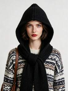 1pc Women's Fashion Solid Color Black/Beige/Khaki/Brown Knitted Pattern Warm Hooded Scarf, Suitable For Dating, Outings, Daily Wear - Multicolor - View 1
