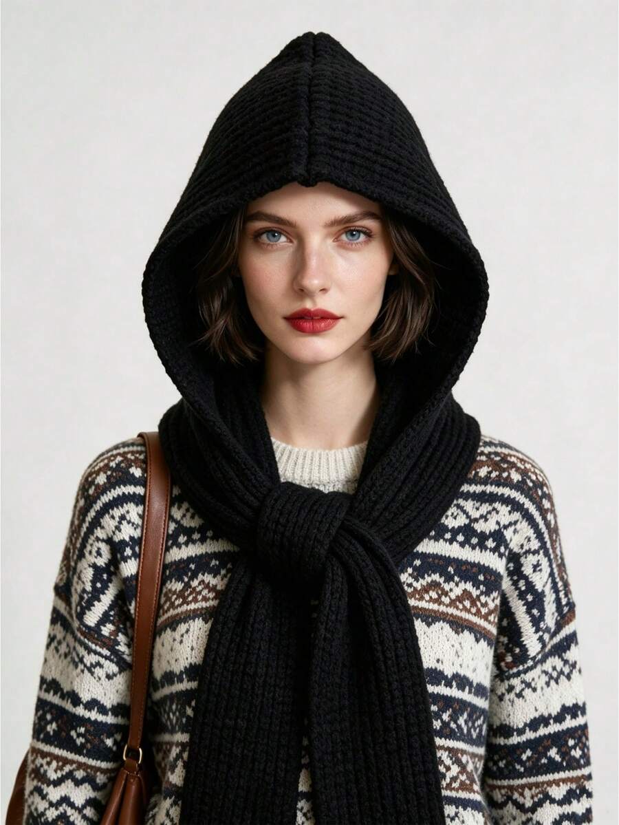 1pc Women's Fashion Solid Color Black/Beige/Khaki/Brown Knitted Pattern Warm Hooded Scarf, Suitable For Dating, Outings, Daily Wear - Multicolor - View 1