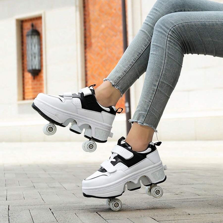 Sepatu Roda 4 Roda yang Dapat Diubah Bentuk untuk Remaja Laki-laki & Perempuan, Sepatu Roda Inline Serbaguna untuk Pelajar, Sepatu Roda Baris Ganda, Sepatu Seluncur Es Kering dengan Roda yang Dapat Ditarik Sekali Klik - Hitam - View 1