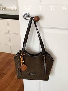 low tea 1pc Minimalist Buckle PU+Suede Shoulder Bag, Suitable For Commuting, Shopping And More (With Pendant) - Dark Green - View 8