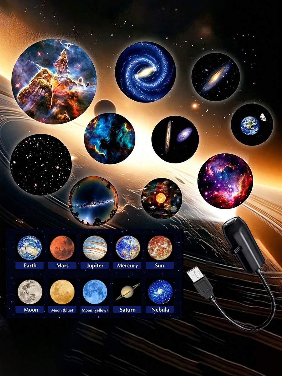 Guanova 1pc Planet Moon Projection Lamp, 360 Degree Rotating Decorative Light, Replaceable Projection Slides, Cute Design, Atmosphere Creator. Portable USB Powered LED Projection Lamp With Mercury, Mars, Earth And Other Planet Projection Patterns, Suitable For Home Atmosphere, Science Exhibition, Computer Background Decoration And Teaching Night Light. Suitable For Wall, Ceiling Decoration, Starry Sky LED Atmosphere Light.