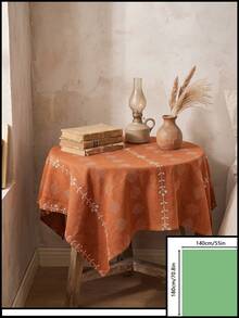 1pc Orange-Red Background White Flower Geometric Embroidered Tablecloth, Vintage Pastoral Style Fabric Material, Round Floral Vine Embroidery Detail Decoration, Home Use Round Tablecloth Suitable For Daily Home And Vintage Dining Table Arrangement - Orange - View 14