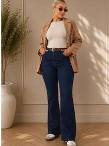 Push Up Tummy Hide High Waist Washed Blue Flare Leg Plus Size Woman Denim Jean - Navy Blue - View 2