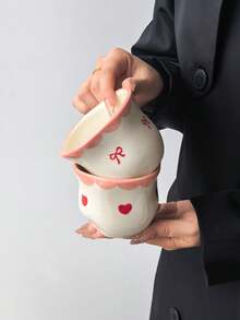 1pc Ins Style Cute Girly Ceramic Coffee Cup, Hand-Pinch Exquisite Asymmetrical Ceramic Mug, Hand-Painted Small Flower & Bow & Heart Pattern Tea Cup, Minimalist Aesthetic Espresso Cup, Beautiful Birthday Gift - Multicolor - View 7