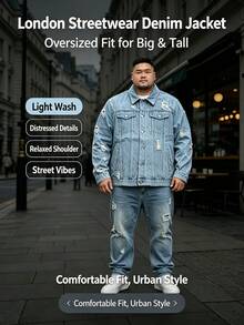 Men Denim Jacket Loose Plus Size Light Blue Ripped Distressed Long Sleeve Button Front Coat With Chest Pockets Casual Streetwear Outerwear - Baby Blue - View 4