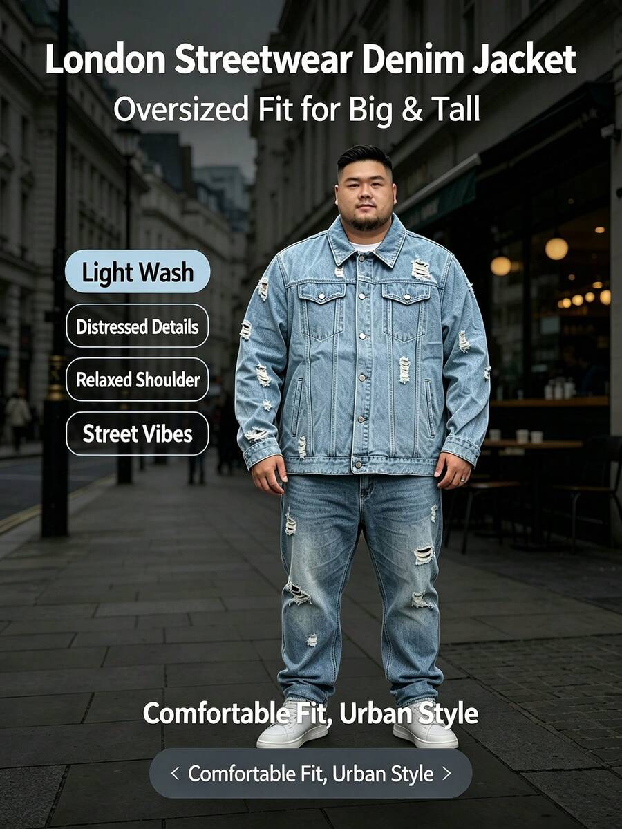 Men's Loose Fit Plus Size Light Blue Denim Jacket, Distressed Ripped Design, Long Sleeve Button Front, With Chest Pockets, Casual Streetwear Style - Baby Blue - View 1