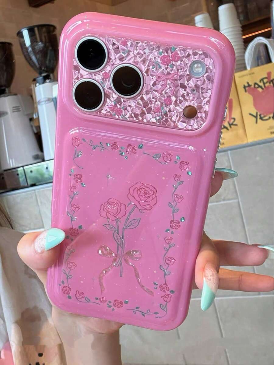Sweet Cool Retro New Chinese Style Rose & Lily Flower Phone Case Compatible With Apple 8 Pro Max, 17 Pro, 17, 16, 15, Women's New Fashion Anti-Drop Protective Cover, Unique & Stylish - Hot Pink - View 1