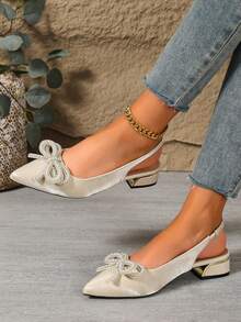 Spring/Summer New Elegant Beige Women's Slingback Pointed Toe Low Heel Pearl Rhinestone Bow Ballet Shoes, Versatile For Commute And Date - Beige - View 4