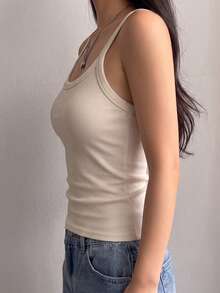 1pc Solid Color Ribbed U-Neck Spaghetti Strap Tank Top, Women's Casual Sleeveless Slim Fit Basic Camisole For Daily Wear - Apricot - View 2