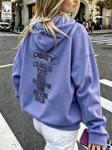 Oversized Women's Sweatshirt For Autumn/Winter, Long-Sleeve Hoodie With Pockets, Casual Top, Y2K Style, Daily Letter Graphic Print, Unisex, Streetwear - Purple Orchid - View 1
