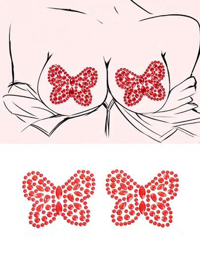 1pair Red Butterfly Nipple Covers Breast Stickers, Sexy Y2K -DIY Music Festival Carnival Y2K Party Makeup Ball Women's Gem Rhinestone Stickers