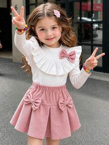 Girls Sweet Bow 2 Pieces Set, Ruffle Ribbed Long Sleeve Base Layer + Double Bow Corduroy Pleated Skirt, Soft Skin-Friendly Fabric, Gentle Spring/Autumn Outfit For Young Girl - Multicolor - View 1