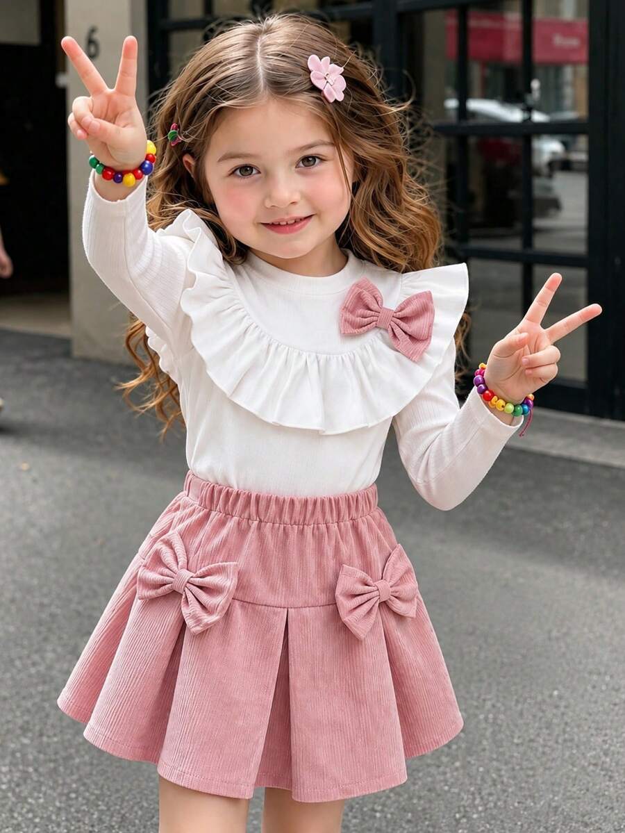 Girls Sweet Bow 2 Pieces Set, Ruffle Ribbed Long Sleeve Base Layer + Double Bow Corduroy Pleated Skirt, Soft Skin-Friendly Fabric, Gentle Spring/Autumn Outfit For Young Girl - Multicolor - View 1