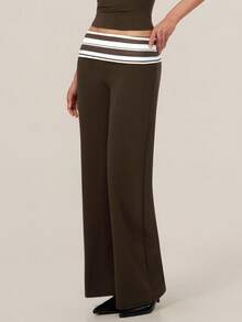 TimeOff Women's One Piece Autumn/Winter Striped Fold Waist Wide Leg Long Pants - Brown - View 6