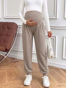 Pregnant Women's High-Stretch Khaki Maternity Jogger Pants: High Waist Belly Support For Work, Lounge & Daily Activities - Khaki - View 5