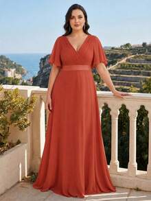 EVERPRETTY Plus Size Elegant V-Neck Pleated Bust Burnt Orange Bridesmaid Dress Autumn Wedding Guest Dress Party Formal Dress Wedding Dresses For Bridal Formal Dresses For Special Occasion - Burnt Orange - View 10