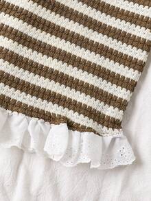2pcs Autumn/Winter 3-7Y Girls Striped Jacquard Lace Long Sleeve Base Layer, Suitable For Daily Wear, Cute Casual, Student School Outfit Long Sleeve - Brown - View 8