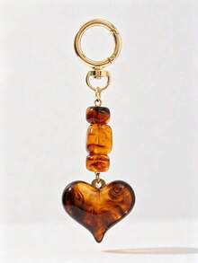 1pc Vintage Amber Tortoise Shell Pattern Resin Heart Keychain, Maillard Brown Tone Beaded Bag Charm, Perfect Gift - Multicolor - View 4