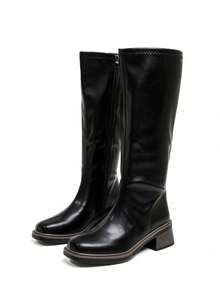 Side Zipper Split Seam Square Toe Straight Leg Tall Boots Minimalist Wood Grain Layered Chunky Heel Vintage Versatile Knee-High Boots Suitable For Daily Wear - Black - View 3