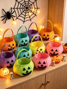 5/3/1pc Felt Jack-O'-Lantern Halloween Storage Basket With Handle, Neon Solid Color Pumpkin Face Storage Bucket, Reusable Handheld Gift Bag, Halloween Party Favor Autumn Holiday Decoration Halloween Accessory - Multicolor - View 1