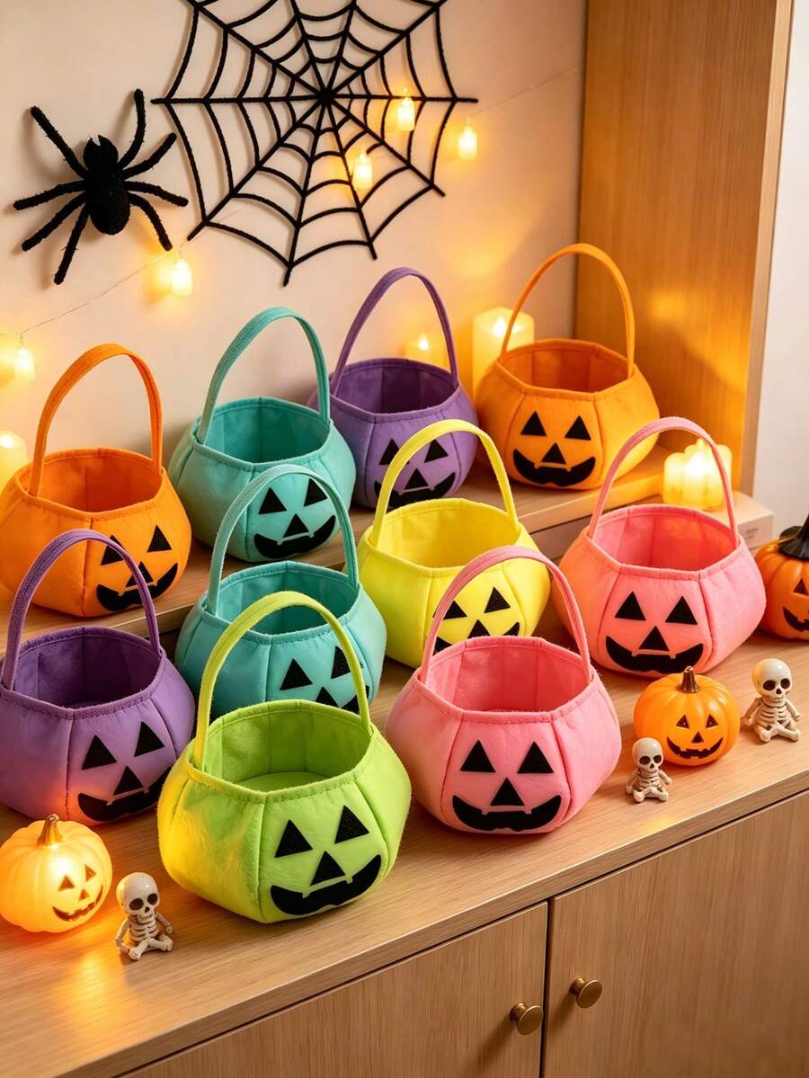 5/3/1pc Felt Jack-O'-Lantern Halloween Storage Basket With Handle, Neon Solid Color Pumpkin Face Storage Bucket, Reusable Handheld Gift Bag, Halloween Party Favor Autumn Holiday Decoration Halloween Accessory - Multicolor - View 1