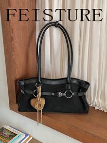 FEISTURE 1件裝麂皮女款扣飾肩背包，時尚吊飾手提包，適合女孩、女性、大學生、職場新人與白領上班族，完美適用於工作、商務、通勤與上學 - 黑色 - 查看 8