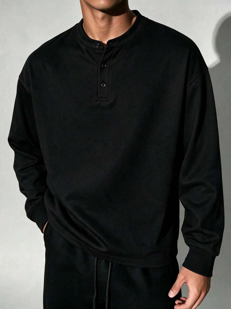Men's Henley Collar Long Sleeve T-Shirt, Casual Loose Fit, With Button Placket, Daily Basic