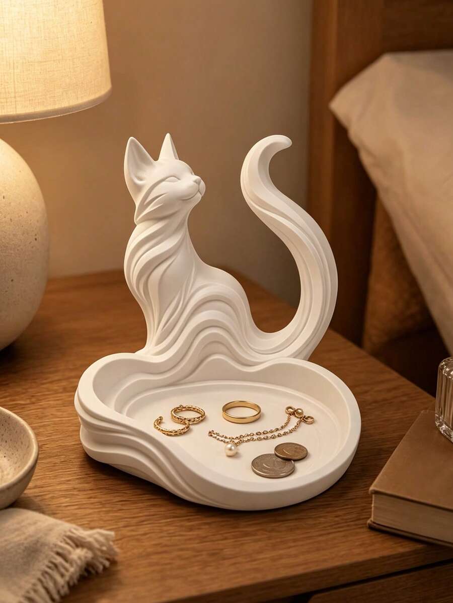 Creative Cat Figurine Storage Tray, Decorative Desktop Organizer, Fashion Cat Shaped Sculpture Storage Box, Suitable For Keys, Jewelry, Small Items, Home And Office Desktop Decor, Halloween And Christmas Holiday Decoration - Multicolor - View 1