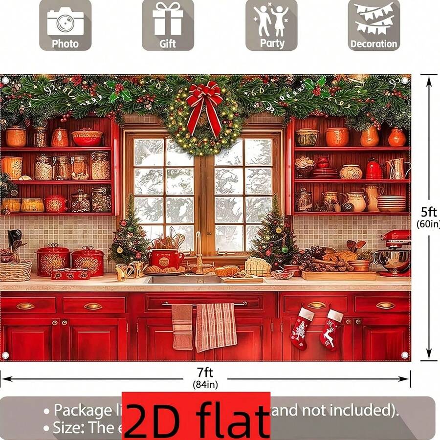2D Flat Background Cloth, Suitable For Christmas Kitchen Photography, Including Cabinets, Windows And Winter Snow Scene. Perfect For Christmas Family Party Decoration, New Year Photo Banner, Holiday Photography. - 1 - View 1