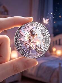 3D Fairy Tale Theme Commemorative Coin, Tooth Fairy Collection Coin With Elf And Butterfly Wing Milk Tooth Pattern, Warm Childhood Growth Memorial Lucky Coin, Tooth Loss Milestone Fairy Tale Theme Gift, With Acrylic Case - Silver - View 3