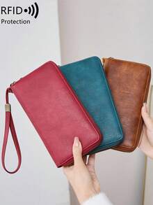 MIYIN Vintage Double Zipper Large Capacity Wallet, Women's RFID Anti-Theft Fashion Clutch, With Wrist Strap And Hand Strap, Minimalist Solid Color Design, Multi-Function Large Capacity Zipper Wallet, Suitable For Party, Travel, Shopping, Ideal Gift For Birthday Or Valentine's Day - Multicolor - View 10