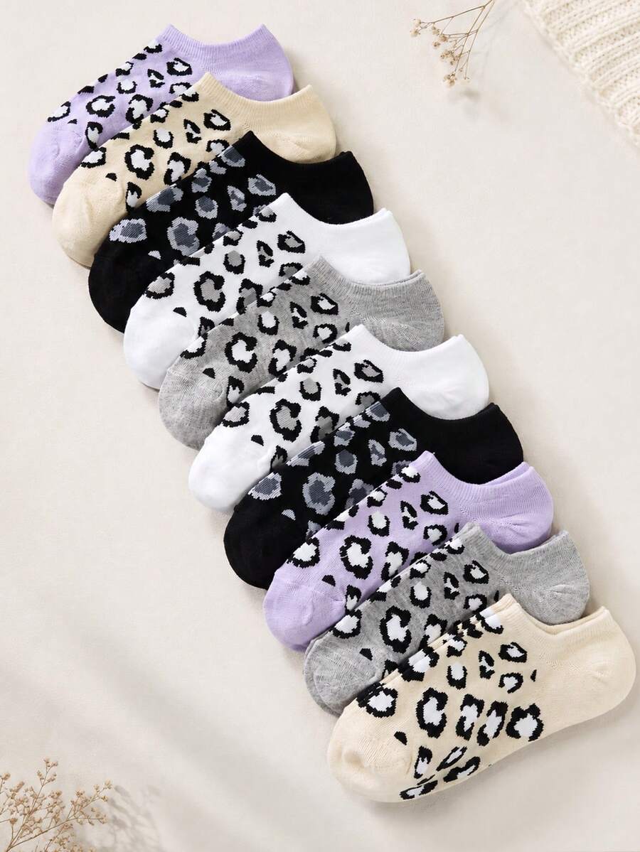 5/10/20/30 Pairs Multicolor Leopard Print Women's Short Socks, Comfortable And Soft, Suitable For Daily Casual, Sports, Home, Commute, Party, Gift-Giving, All Occasions And Scenes, Christmas Socks, Spring/Summer/Autumn/Winter, Four-Season Matching - Multicolor - View 1