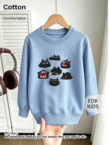 Children's Crew Neck Sweatshirt, Multi-Expression Black Cat Print Pure Cotton Pullover, Soft Casual Long Sleeve Top - Blue - View 9