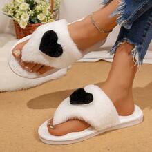 Heart Patch Plush Women's Slippers, Soft Fluffy Fuzzy One-Strap Slides For Home Wear Or Casual Outfits - White - View 3