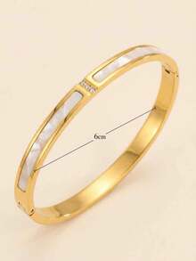 1pc Unisex Versatile Mother Of Pearl CZ Bangle, 18K Gold Plated Stainless Steel, Daily Wear Gift For Men & Women - Gold - View 3
