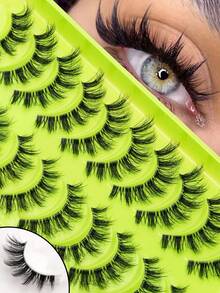 10 Pairs Fluffy False Eyelashes, 3D Slim Cat Eye Lash Strips, Dramatic Voluminous Criss-Cross Style, Transparent Clear Lash Band, Soft Lightweight Reusable, Suitable For Daily Makeup, Party, Date And Special Occasions - Black - View 2
