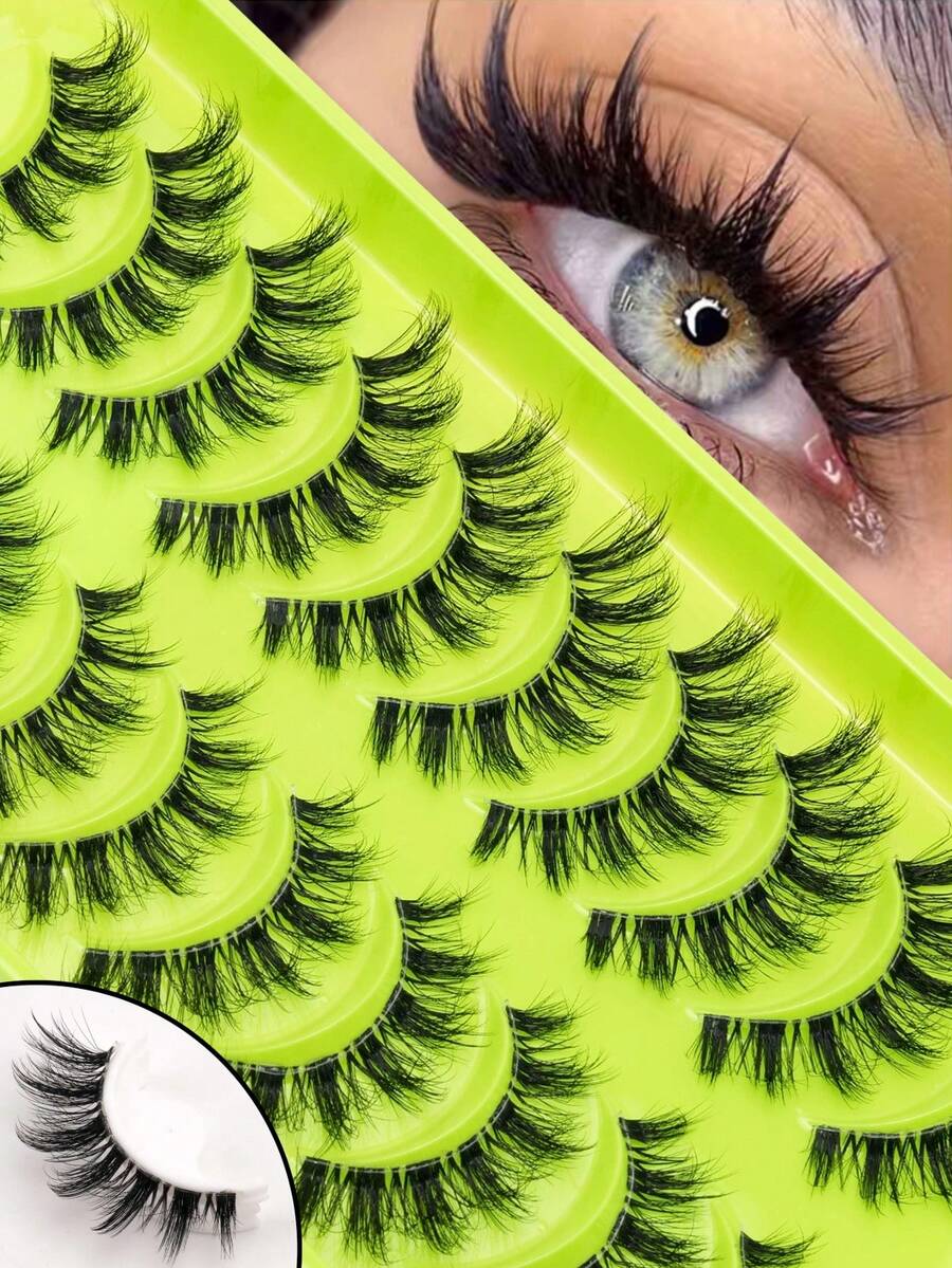 10 Pairs Fluffy False Eyelashes, 3D Slim Cat Eye Lash Strips, Dramatic Voluminous Criss-Cross Style, Transparent Clear Lash Band, Soft Lightweight Reusable, Suitable For Daily Makeup, Party, Date And Special Occasions - Black - View 1