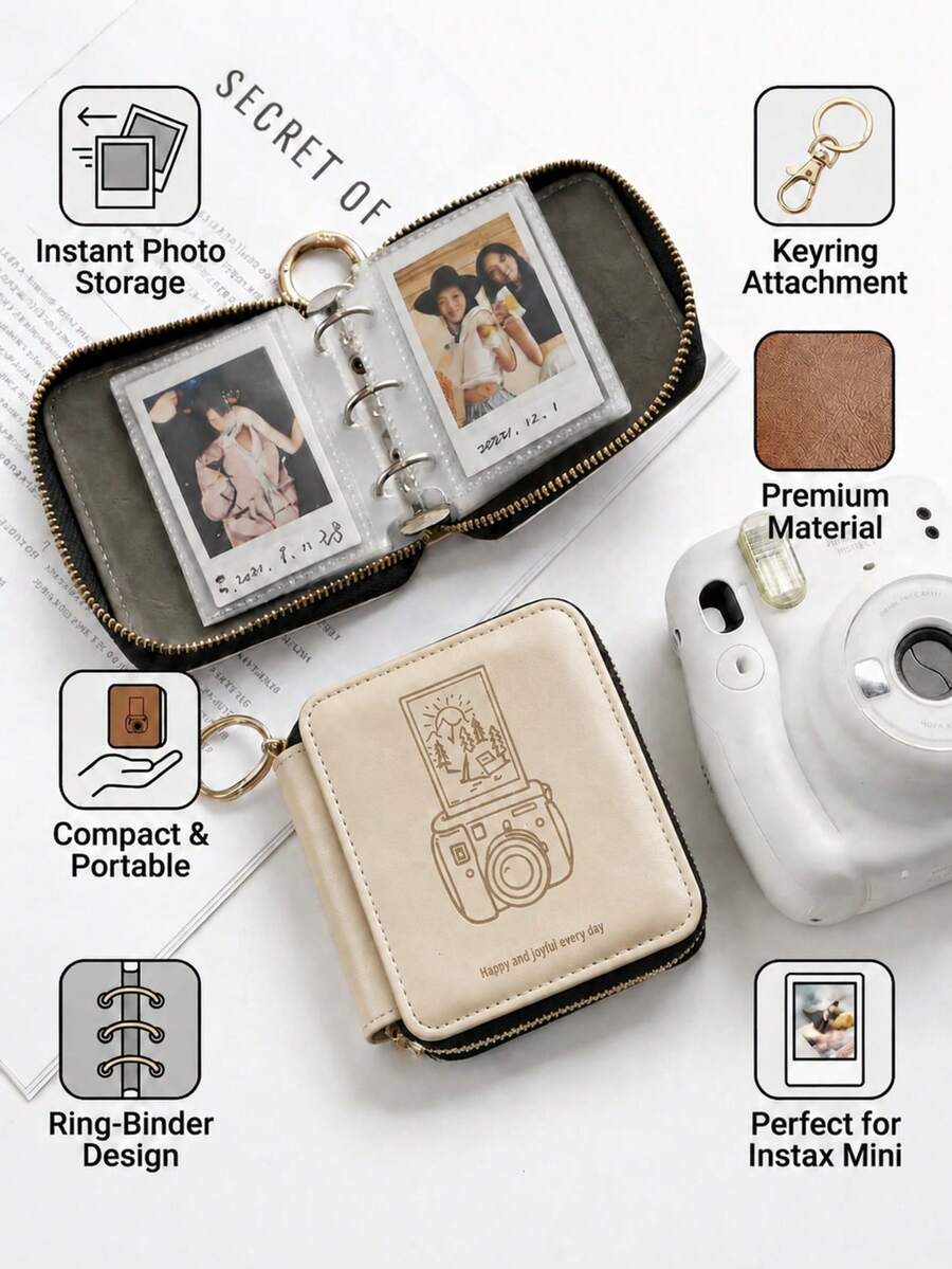 1pc 3-Inch Mini Photo Album, Zipper Pocket Card Holder, Minimalist Art Style Faux Leather Cover Portable Loose-Leaf Notebook, Holds 50 Photos, 2026 Instant Camera Accessory, Spring Travel Companion, Easter Memory Book, Ins Style Minimalist Storage Album
